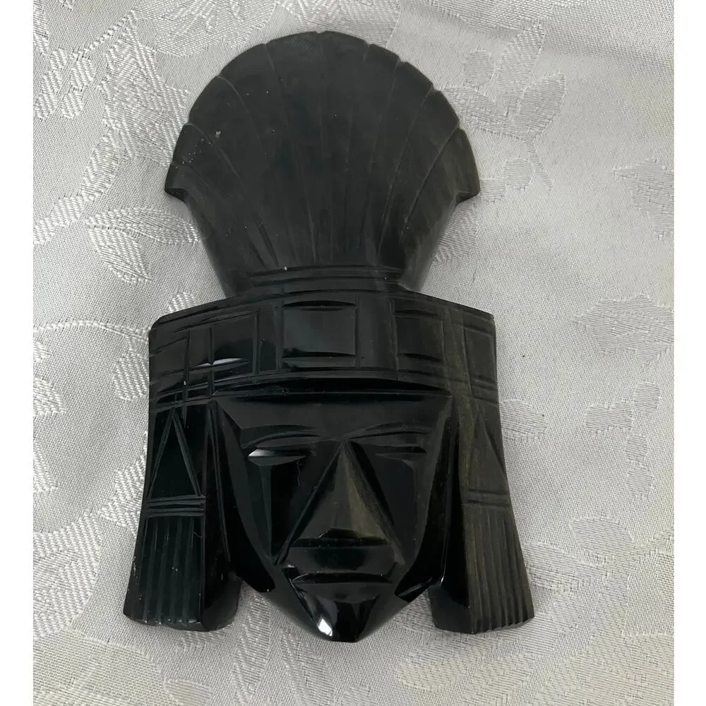 Hand Carved Obsidian Warrior Head Paperweight Mexico Aztec Mayan Style Statue